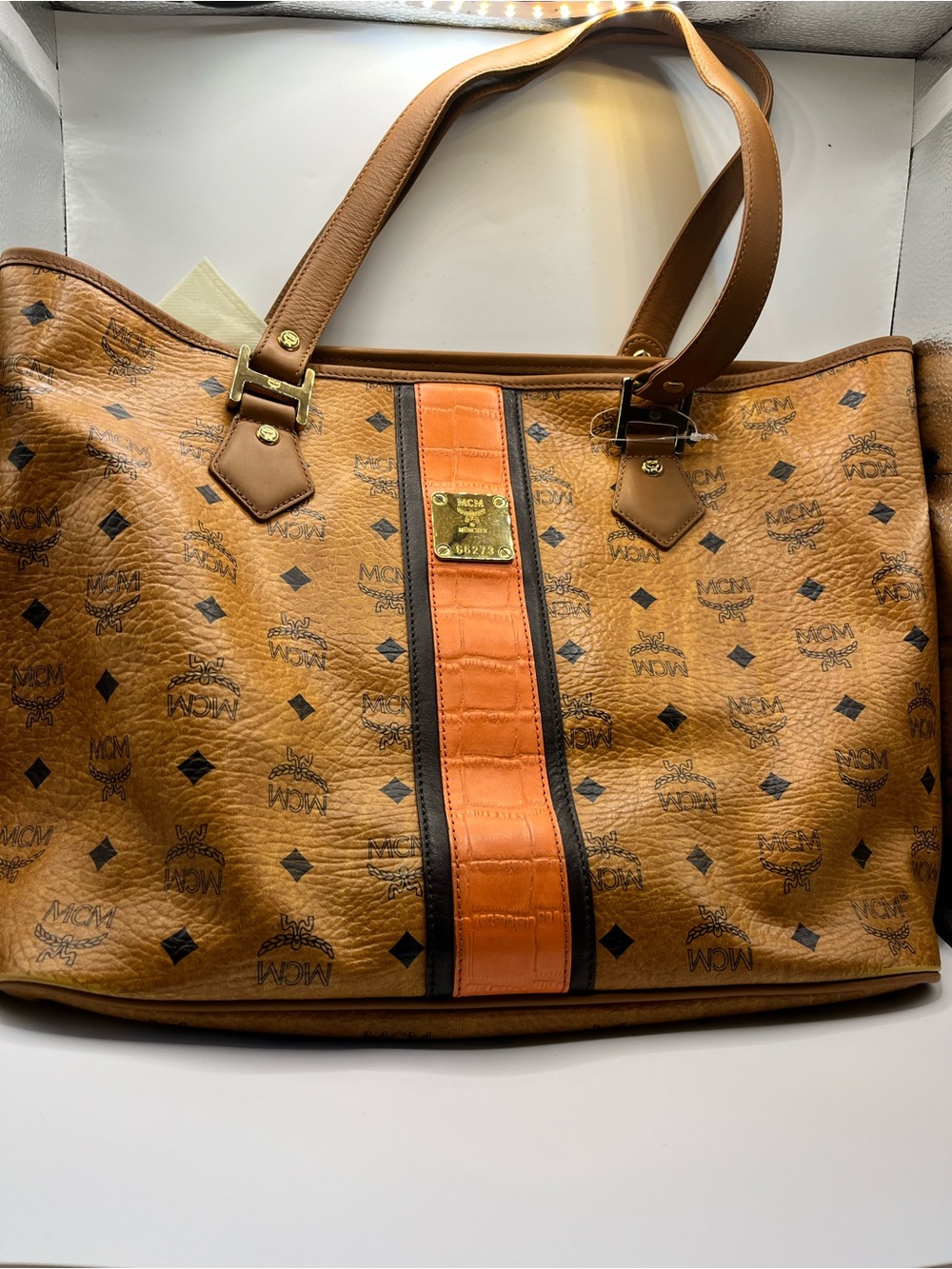 MCM Cognac Leather Tote with Orange Center Stripe Made in Munchen